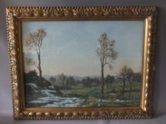 CLAUDE HORSFALL (XX). British school, wooded winter landscape with cottages, snow capped hills