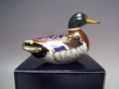 A ROYAL CROWN DERBY MALLARD DUCK PAPERWEIGHT, gold stopper, with box, W 13.5 cm