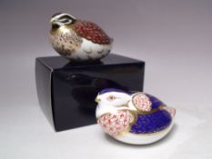 A ROYAL CROWN DERBY DAPPLED QUAIL PAPERWEIGHT, gold stopper, with box, L 11 cm, together with a