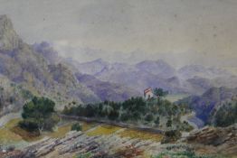 (XIX). Extensive mountainous wooded landscape with horses, cart and figures 'Montenegro Lake of