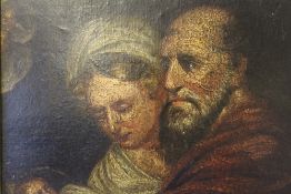 (XVII-XVIII). Study of a bearded man with wife & child, unsigned, oil on board, framed, 24 x 31 cm