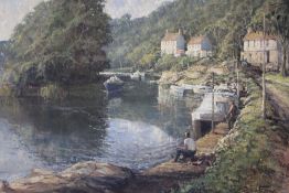 R.G.TROW (XX). Modern British school .Mill on the Avon' with boats and figures, see verso, signed