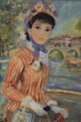 LEROY (XX). French school, impressionist study of a young woman by a river, town in background,