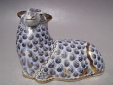 A ROYAL CROWN DERBY RAM PAPERWEIGHT, gold stopper and painted signature for J. Towell to base, no