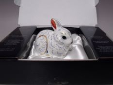 A ROYAL CROWN DERBY COLLECTORS GUILD BUNNY PAPERWEIGHT, gold stopper, with box, H 7 cm