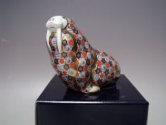 A ROYAL CROWN DERBY RUSSIAN WALRUS PAPERWEIGHT, gold stopper, with box, H 10.5 cm