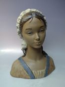 A MATT LLADRO BUST OF A GIRL IN A BONNET, H 33 cm