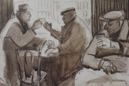(XX). Cornish pub interior with figures, singed lower right, watercolour and pencil on paper, framed