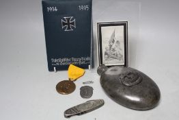 A PLATED HIP FLASK WITH NAZI GERMAN U-BOAT BADGE, together with a Kaiser Wilhelm Centenary medal,