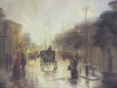 JOHN BAMPFIELD (b.1948). Impressionist rainy street scene with horse drawn cabs and figures,
