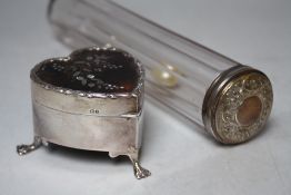 A HALLMARKED SILVER LIDDED VANITY JAR - BIRMINGHAM 1916, containing a small selection of vintage hat