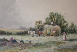 J. BARCLAY (XX). British school, harvesting scene with horses, figures and dog, signed lower