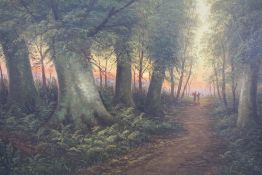 ENGLISH SCHOOL (XX). Wooded country landscapes with figures, oils on canvas, a pair, gilt framed, 50
