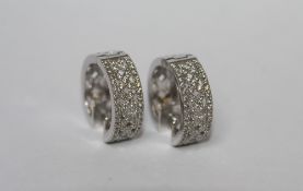 A PAIR OF LADIES 18CT WHITE GOLD DIAMOND HOOP EARRINGS, with a filigree lattice design, diamond