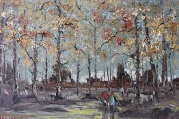 GEORGE RICHARD DEAKINS (1911-1982). Impressionist wooded landscape with figures, village in