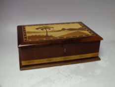 A 20TH CENTURY SORRENTO WARE SEWING BOX, the hinged rectangular lid inlaid to depict mountainous