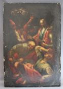 (XIX). Continental school, religious study of Jesus and soldiers with two figures fighting in
