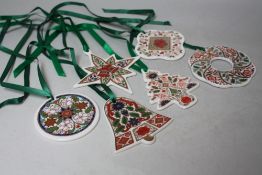 A COLLECTION OF SIX ROYAL CROWN DERBY CERAMIC CHRISTMAS ORNAMENTS, to include Christmas Tree,
