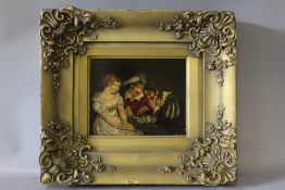 (XIX). Interior scene with figures in Carolean dress playing chess, unsigned, oil on board,