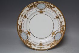 A MINTON PATE SUR PATE PORCELAIN CABINET PLATE, decorated with gilt scrolling floral detail, Dia. 27