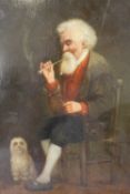 A HEZING (XIX). Continental school interior scene with man smoking a pipe, a dog at his feet, signed