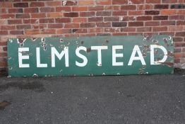 A LARGE GREEN AND WHITE ENAMEL RAILWAY STATION SIGN FOR ELMSTEAD, approximate L 257 cm , H 60 cm