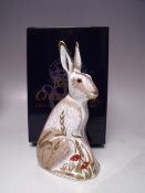 A ROYAL CROWN DERBY COLLECTORS GUILD MIDSUMMER HARE PAPERWEIGHT, gold stopper, with box, H 1 cm