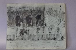 CIRCLE OF LAURENCE STEPHEN LOWRY (1887-1976). A Salford town square with figures and railings, bears