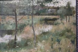 CIRCLE OF HENRY HERBERT LA THANGUE. impressionist rural wooded landscape with farmstead, bears