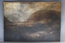 (XIX). Stormy wooded coastal landscape with figures, goats and buildings, hills in background,