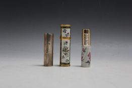 A HALCYON DAYS V&A DESIGN ENAMEL CASED CYLINDRICAL ATOMISER, H 8.5 cm, together with a silver