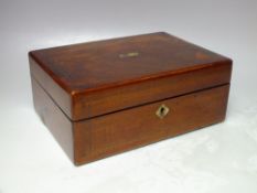 A VICTORIAN ROSEWOOD SEWING BOX, of rectangular form, with brass banding and mother of pearl