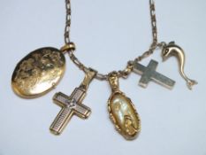 A GOLD CHAIN STAMPED 585 WITH VARIOUS PENDANTS, to include a locket, approx weight 40gCondition