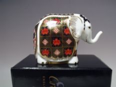 A ROYAL CROWN DERBY IMARI ELEPHANT PAPERWEIGHT, silver stopper, with box, L 15 cm