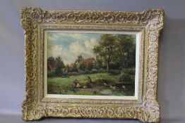 ROBERT JOHN HAMMOND (1879-1911). Rural scene with figures and ducks riverside, farmstead in