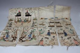 FOUR CHINESE SILKWORK PANELS DEPICTING TYPICAL FIGURATIVE AND LANDSCAPE HAND STITCHED DETAIL, (4)