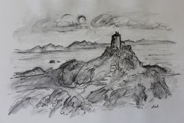 CIRCLE OF JOHN KYFFIN WILLIAMS (1918-2006). Rocky coastal scene with cliff top building, bears