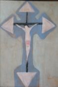 (XX). Modernist crucifixion scene, signed lower left, oil on board, framed, 48 x 37 cm