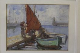 GYRTH RUSSELL (1892-1970). Canadian school, harbour scene with moored boats and figures, signed