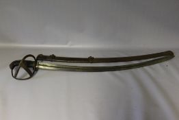 AN ANTIQUE CAVALRY SWORD WITH TWO RING STEEL SCABBARD, with basket hilt and curved fullered blade,