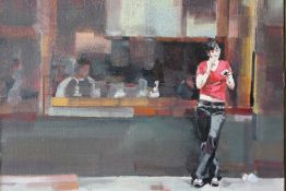 TANYA V. FOSTER (XXI). Soho street scene with girl standing before a cafe, signed lower left and
