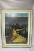 KEN TOWNSEND (XX). harbour scene with boats and figures 'Night Landing', see verso, signed lower