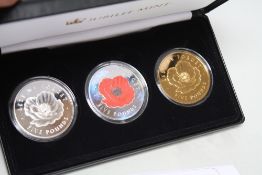 JUBILEE MINT - THE REMEMBRANCE DAY SOLID SILVER PROOF THREE £5 COIN COLLECTION, with certificate and