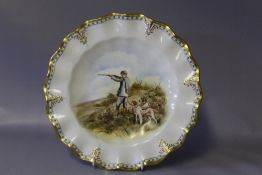 A ROYAL CROWN DERBY CABINET PLATE SIGNED BY J DOYLE, hand painted with a sportsman with his dogs,