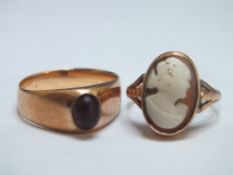 AN ANTIQUE 18CT GOLD CAMEO RING, approx 2.4 g,together with an unmarked antique yellow metal ring