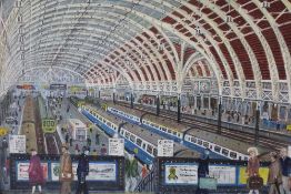 R.BAILLIE (XX). Paddington station interior scene with trains and numerous figures, signed and dated