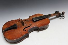 AN ANTIQUE ONE PIECE BACK VIOLIN FOR RESTORATION, with mother of pearl inlaid bow and R.R Sheilds