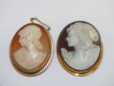 TWO CAMEO BROOCHES, one mounted in hallmarked 9 carat gold, the other in 750 stamped yellow metal,