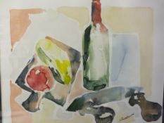 Z RUSZKOWSKI (XX). A wine bottle with chopping blade, board & food items, watercolour, signed