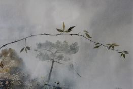 LESLIE CHARLES WORTH (1923-2009). Misty wooded landscape with small bird in flight, signed and dated